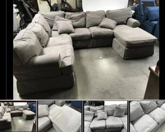 Lot # : 36a - Gray L-Shaped Sectional
waterfowl & polyester cushions, no stains seen, rips or tears seen, made by High Point Furniture Co. Measures: 96" x 122" x 65"
