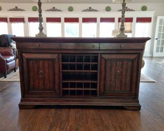 Stanley Furniture Company Dark Wood Buffet Cabinet, Rustic Dining Room Wine Server Cabinet