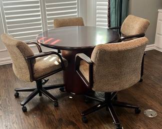 Round Pedestal Office Table 4 Rolling, Adjustable, Upholstered, Plush Chairs With Arms