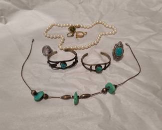 Silver And Turquoise Womens Fine Jewelry, Cultured Pearl Necklace With Gold Clasp, Assorted Rings