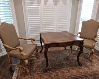 Leather Top Game Table With Drawers, Pair Of Renaissance Style Dining Room Chairs