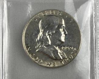 1959-D Franklin Silver Half Dollar, US 50c Coin