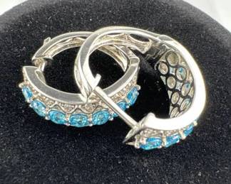 925 Silver Signed Blue Stone Hinge Earrings