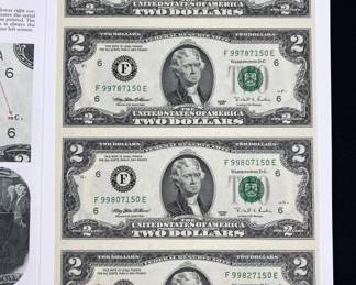 (4) 1995 US $2 Bills in Uncut Sheet Bureau Folio