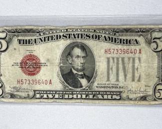 1928E US Red Seal $5 Bill