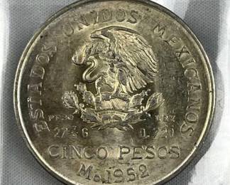1952-Mo Mexico Silver 5 Pesos, BU w/ Luster