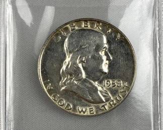 1958-D Franklin Silver Half Dollar, US 50c Coin