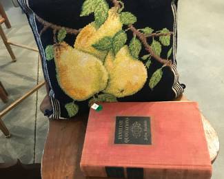 Needle point pillow, book, wood spindle back chair