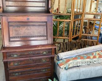 antique secretary desk, rattan room screen, restoration tufted ottoman, wool rugs