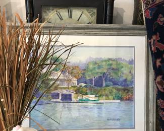 Original Cape Cod watercolor painting, dried grasses, antique clock 