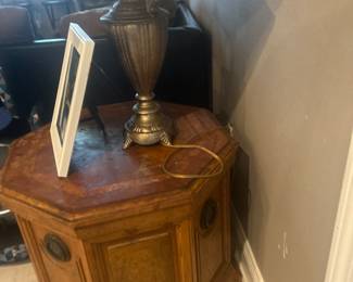 Wooden table and lamp