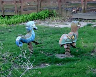 Late 1960'S Fully Functional Polychrome Enameled Cast Aluminum Spring-Loaded"Turtle" and seahorse Playground Animal With Handles 