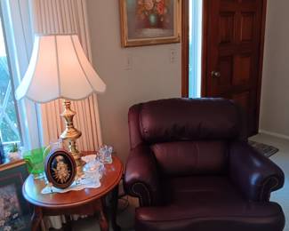 Club chair to match loveseat; end table with brass lamp matching those shown with loveseat