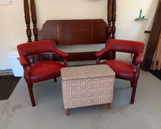 Office arm chairs; vintage laundry hamper
