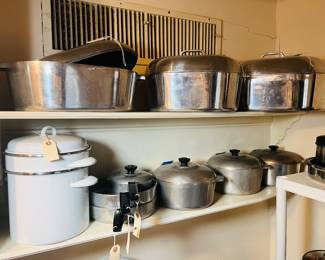 Magnalite Roasters and Pots. 2 large ones on top shelf sold, 1 avail.