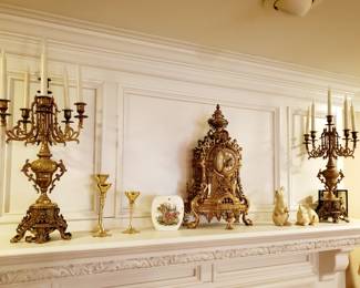 Fancy Antique, all brass Candelabra and Clock set