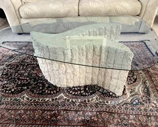 Unique glass coffee table and 2 side tables with stone base - $350