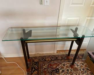MCM sofa table with 3 metals and heavy glass top