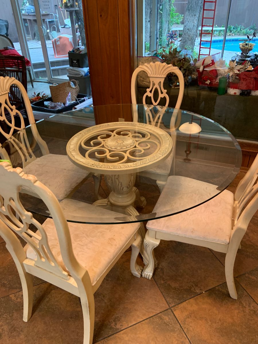 French country round glass top table and four chairs