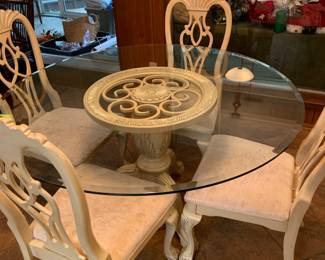 French country round glass top table and four chairs