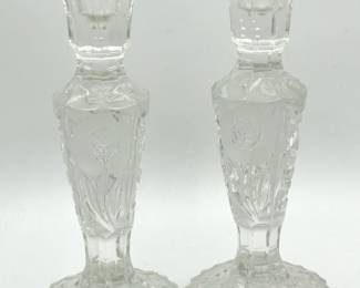 (2) Heavy Vintage Glass Candlesticks With Etched Roses
