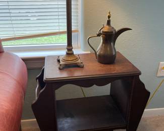 Magazine Rack End Table, brass pitcher 