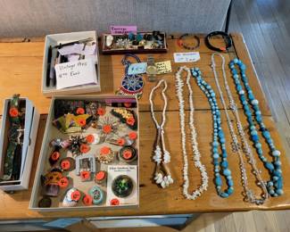 Jewelry: Beaded necklaces, antique/vintage pins and earrings. Men's watch. Vintage/antique pens.