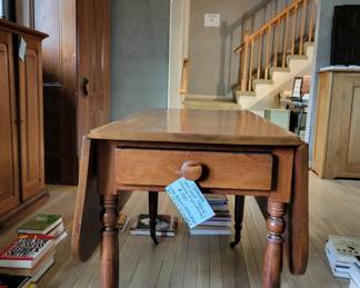 1 drawer drop-leaf table, $150, front view, leaves down