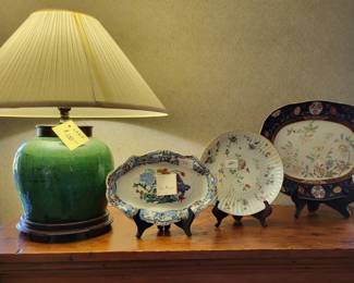 Beautiful platters and large ginger jar lamp. Easels/stands not for sale/not included. 