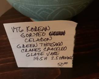 #204	Vtg. Korean Goryed Celadon Green Thousand Cranes Cracked Cranes Crackled Glaze Vase - 14.5" x 2.5 Opening	 $50.00 
