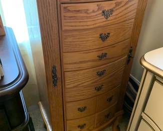 #89	Oak Jewelry Armoire w/flip-up Top and open sides on Legs  (as is legs need repair)	 $50.00 
