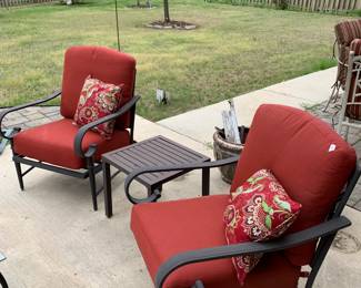 #9	Set of 2 Aluminum Side Chairs w/cushions & Side Table - Table - 19x19x18	 $150.00 
