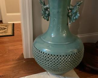 #50	Korean Reticulated Celadon Vase Molded w/dragon Handles & Cranes - 25"Tall x 16"	 $180.00 
