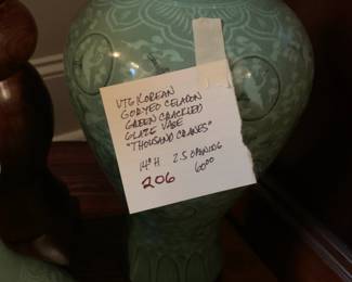 #206	Vtg. Korean Goryed Celadon Green Crackled Glaze Vase "Thousand Cranes" - 14" h 2.5" Opening	 $60.00 
