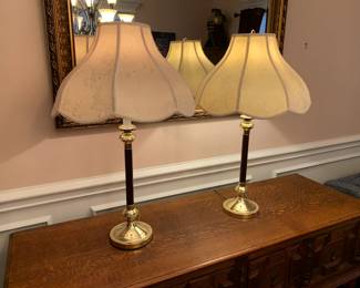 #66	Set of 2 Brass Buffet Lamps w/tone on tone shades  - 29" Tall 	 $75.00 
