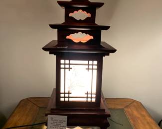 #43	Vtg. Pagoda Lantern wood Lamp w/glass frosted Bamboo with pull cord - 9x9x22	 $125.00 

