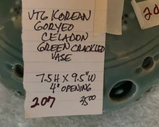 #207	Vtg. Korean Goryed Celadon Green Crackled Vase - 7.5"H x 9.5W 4" Opening	 $35.00 
