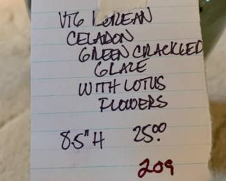 #209	Vtg. Korean Celadon Green Crackled Glaze w/Lotus Flowers - 8.5" H	 $25.00 
