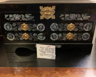 #201	Asian 20th Century Lrg. Jewelry Box Black Lacquer w/Abalone Inlay Art Shell Brass Drawer Pulls  15.25x9x12 (as is Hinges needs to be reattached	 $65.00 
