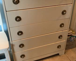 #98	White Painted Wood chest of 5 drawers - 32x16x41	 $65.00 
