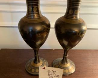 #162	Vtg. Pair Ornate Black Over Brass Vases India	 $38.00 

