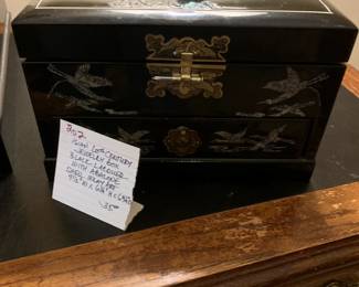 #202	Asian 20th Century Jewelry Box Black Lacquer With Abalone Shell Inlay Art  - 9.5"x6.25"x6.75	 $35.00 
