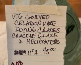 #208	Vtg. Goryed Celadon Vase Flying cranes Crackle Glaze & Helicopters - 11" H	 $45.00 
