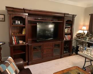 #53	Wood 3 piece Entr. Center w/detachable top across all 3 pieces - 110Hx24x80 - w/open bookcase sides & 2 glass Doors w/3 drawers - YOU MOVE	 $250.00 
