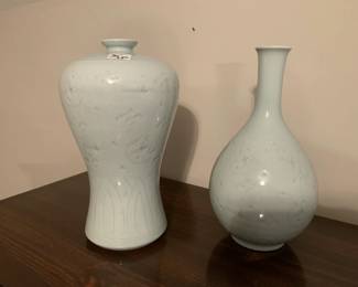 #121	Set of 2 Celadon Pottery Vases w/fork -tailed Swallow - 12.5" High 	 $30.00 

