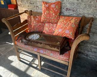 Wooden settee/ bench with loose cushions 