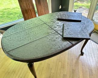 Ethan Allen dining table & chairs ca.1973 
Chairs have been re-covered
Comes with 2 leaves and pads