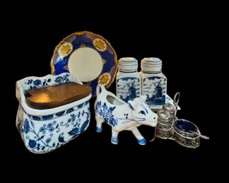 blue and white kitchen items