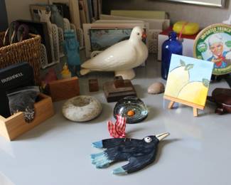 Decorator Items, Paperweight, Ceramic Bird, Cobalt Bottle Wood Turtle