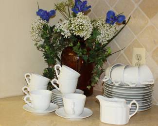 White Scalloped Luncheon Set and Creamer, Vase with Flowers, English Ironstone White Mint Staffordshire Dishes